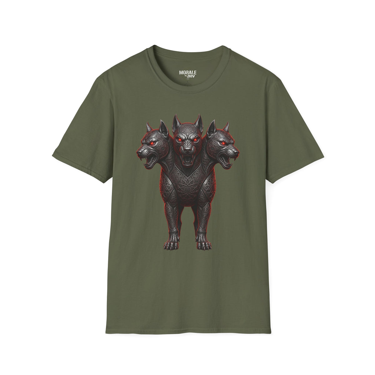 Military green gothic Cerberus three-head t-shirt with red-eyed monster graphic