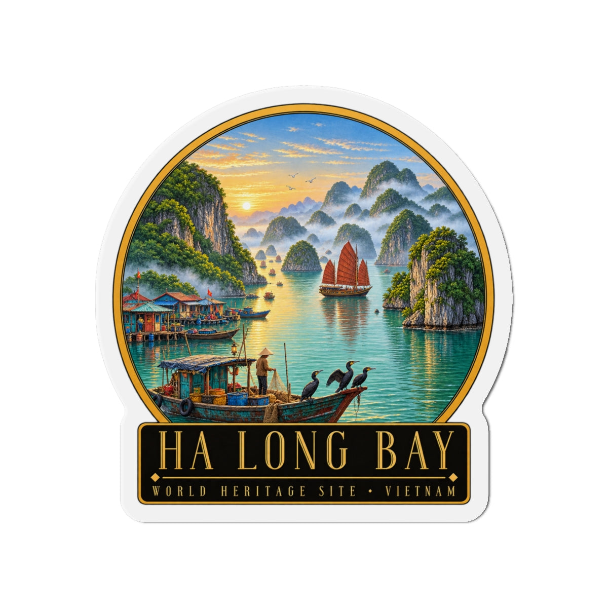 Die-cut vinyl fridge magnet with colorful bay landscape, boats, and Ha Long Bay title
