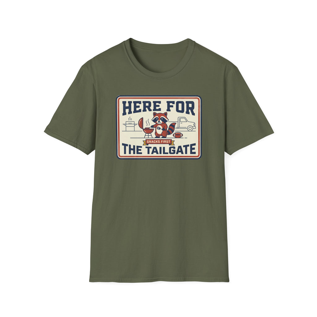 Military green unisex T-shirt with rectangular 'Here for the Tailgate' graphic