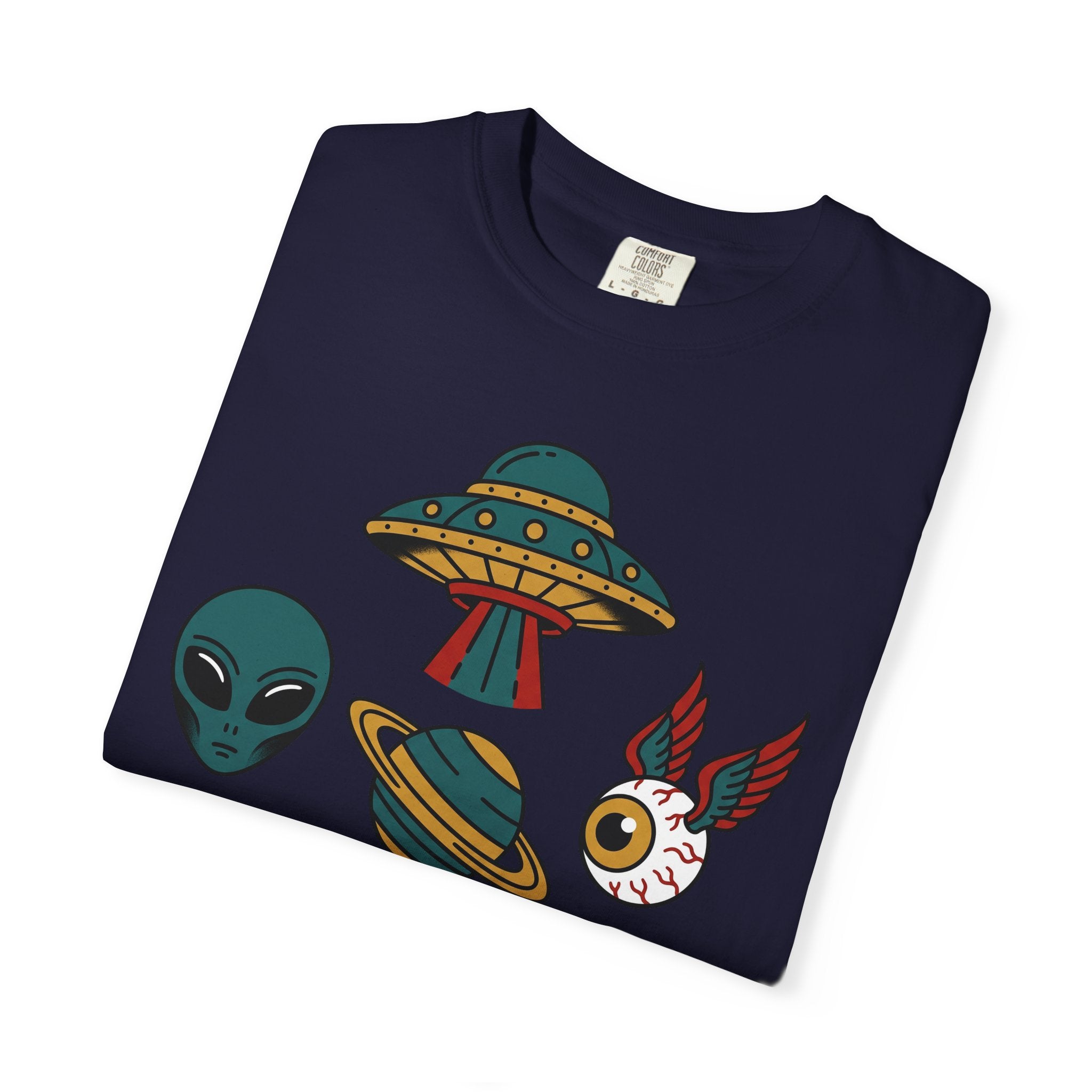 Navy short-sleeve T-shirt with alien, UFO and space-cat graphic on front
