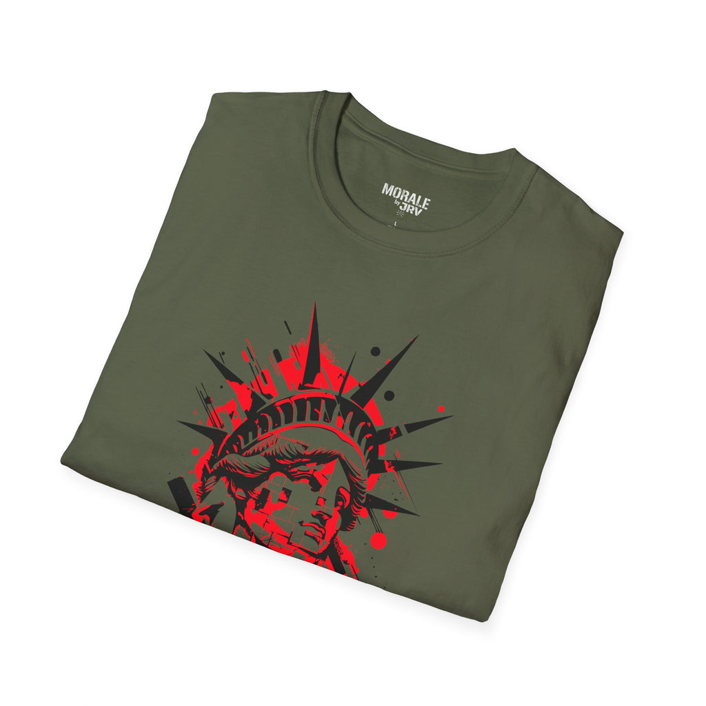 Military green Liberty Statue graphic tee, folded with red and black front artwork