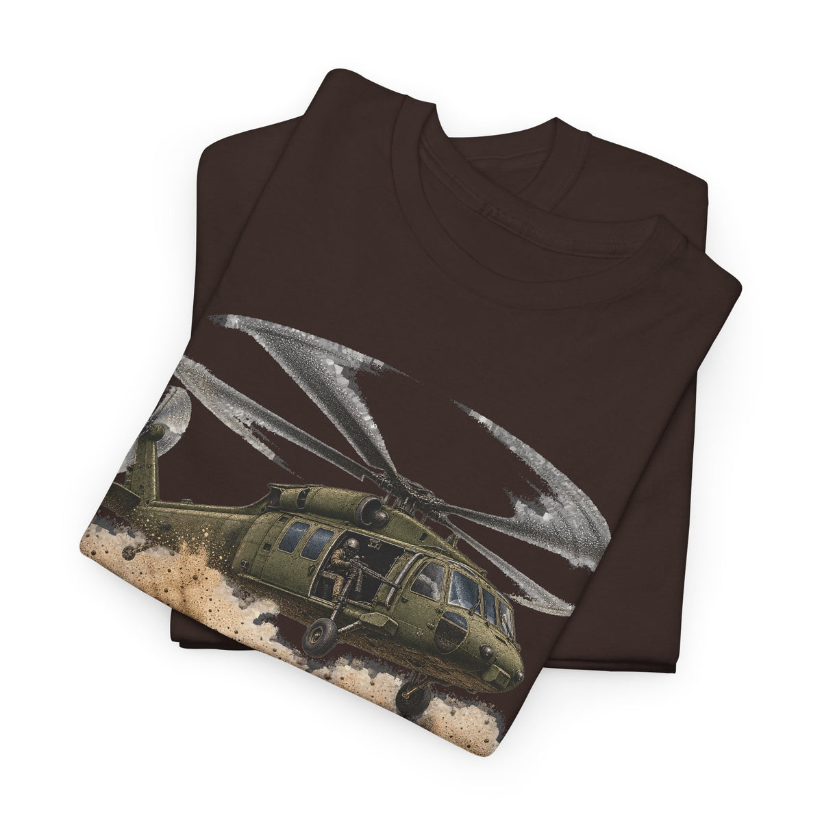 Dark brown crewneck t-shirt with green helicopter graphic across front