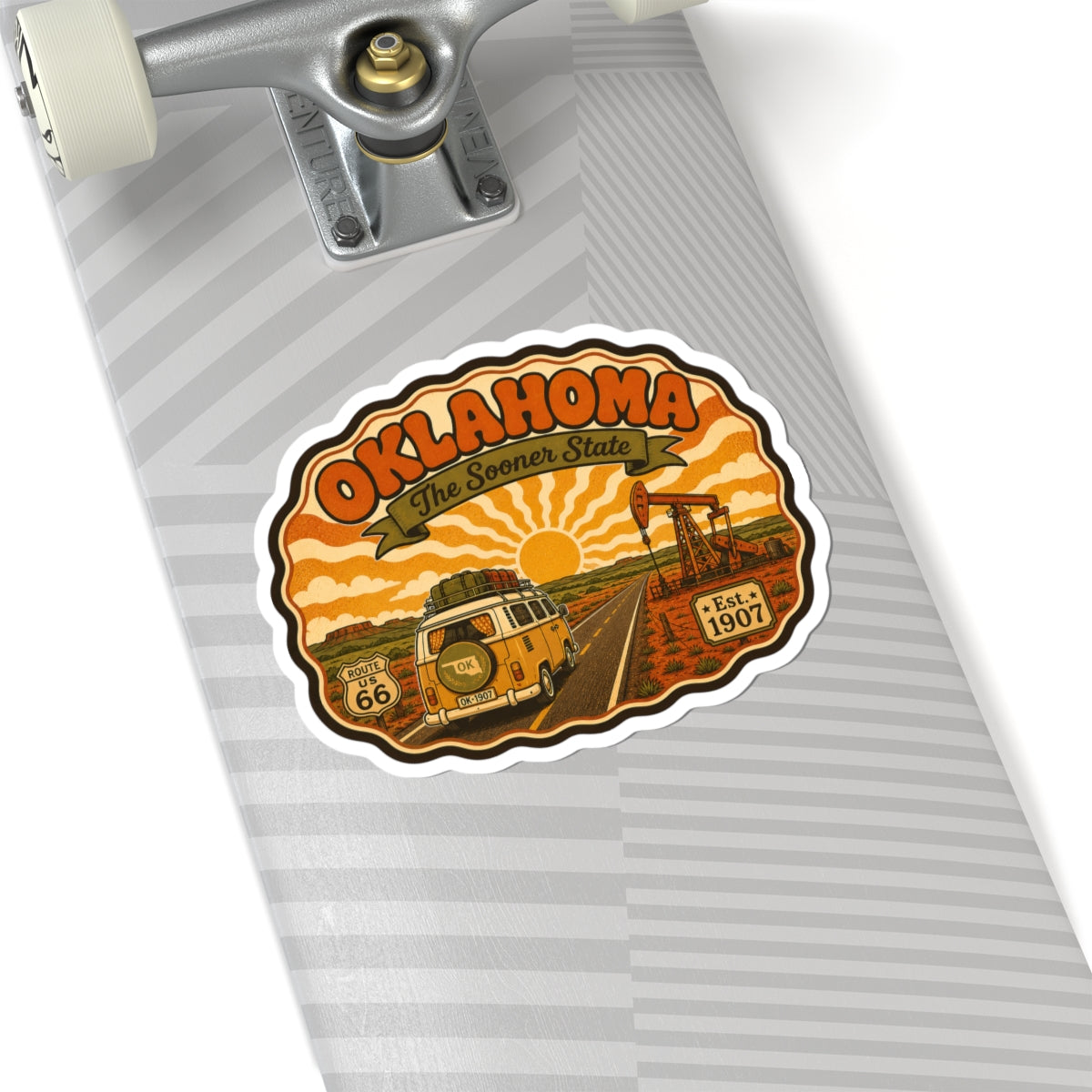 OKLAHOMA Route 66 van sticker decal on a striped surface with white kiss-cut border.