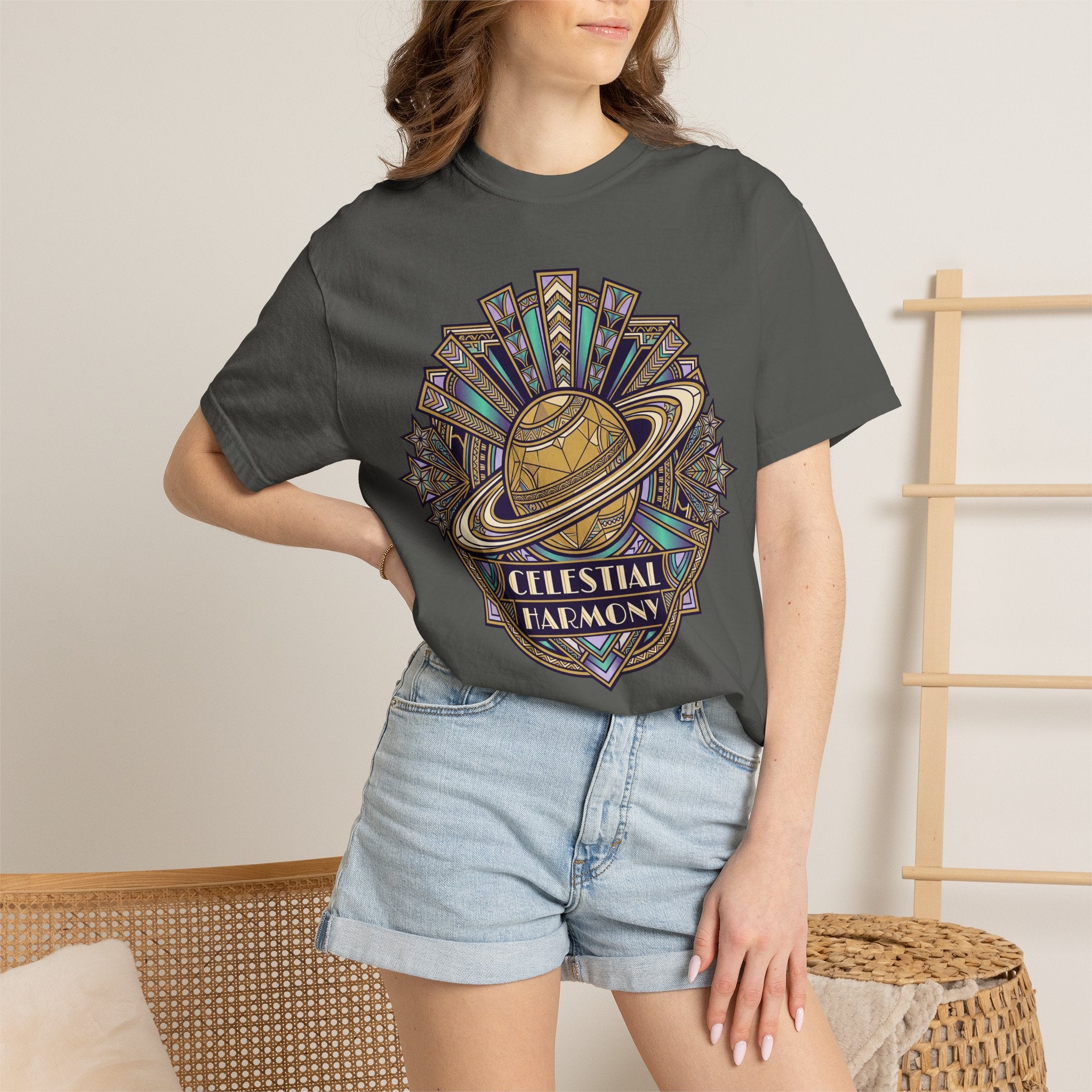 Dark gray crewneck T-shirt with multicolor Saturn crest graphic on chest