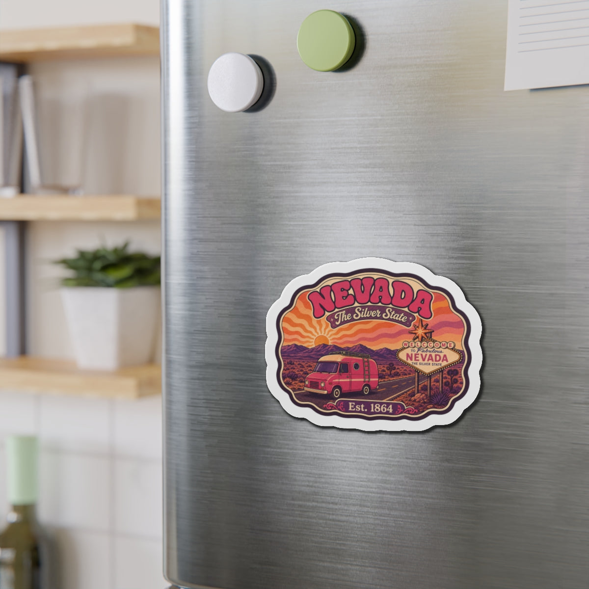 Die-cut Nevada camper van magnet with colorful desert scene and Est. 1864 text