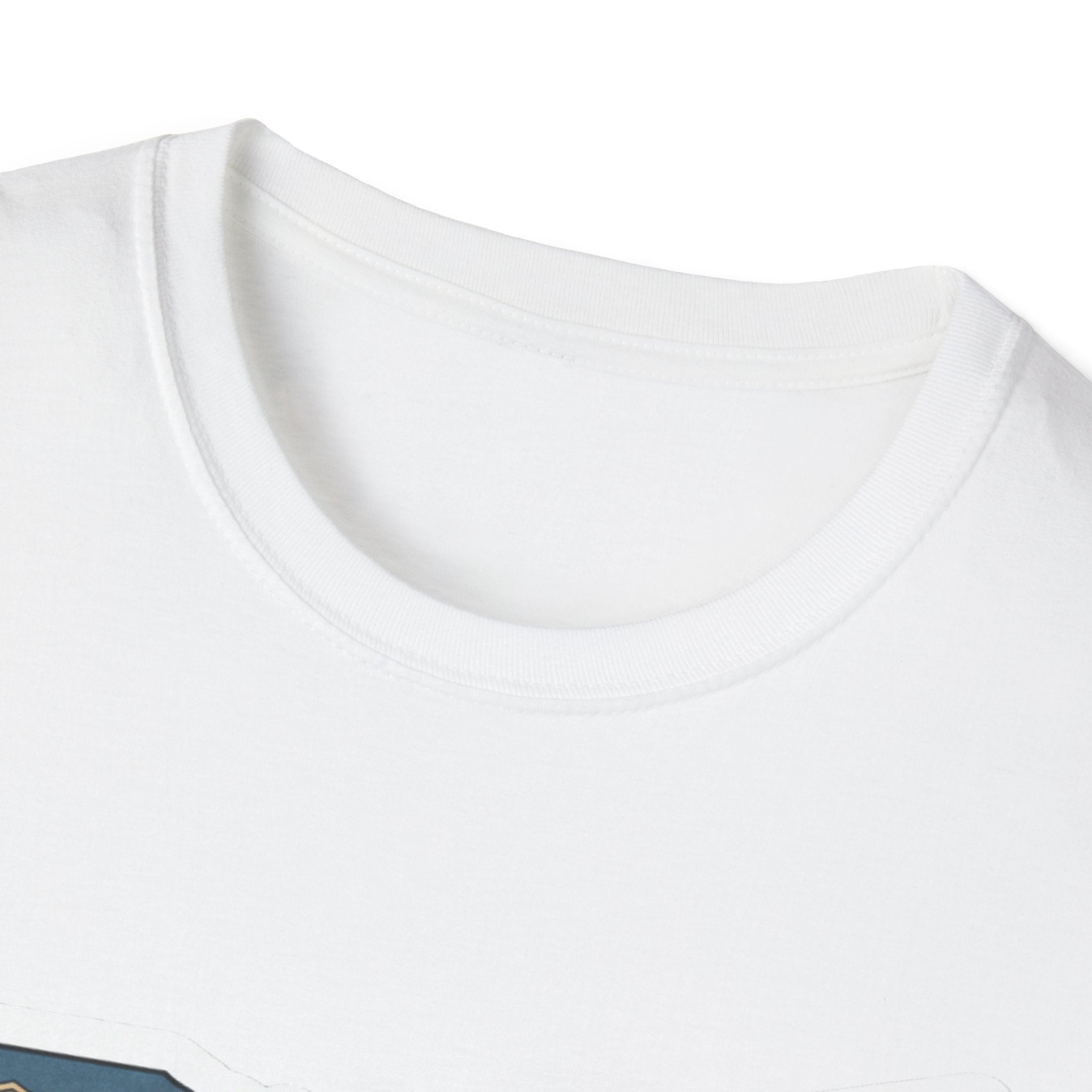 White T-shirt neckline close-up with ribbed crew neck collar seam