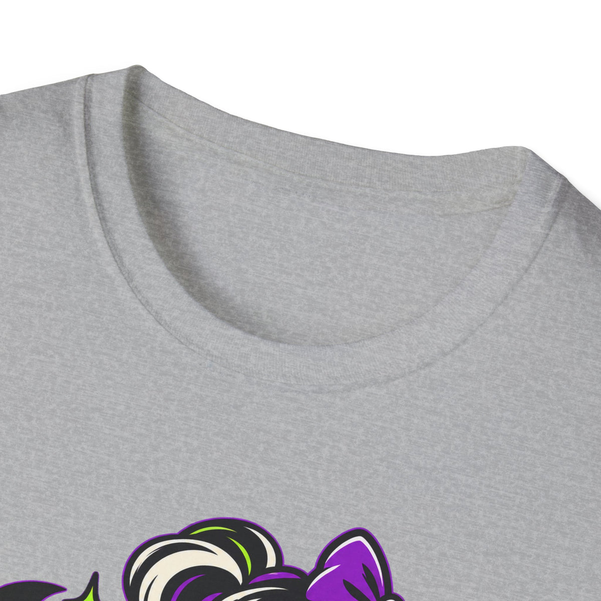 Heather gray Halloween monster graphic T-shirt close-up of crew neck and partial Ghoul artwork