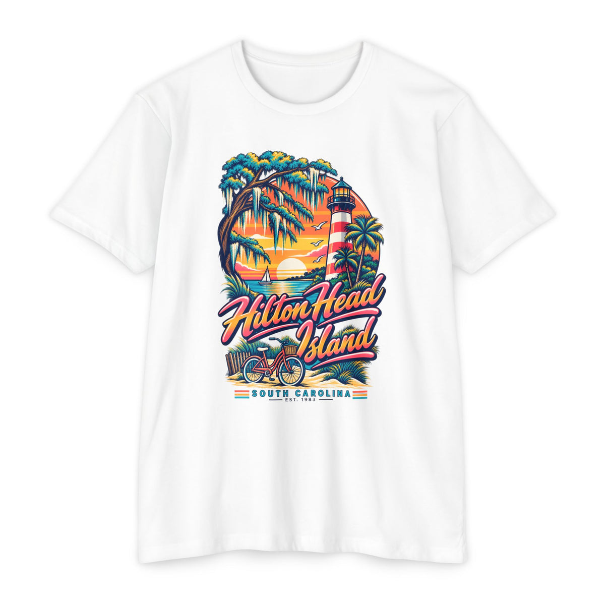 White T-shirt with front lighthouse, palm trees, and bicycle graphic print