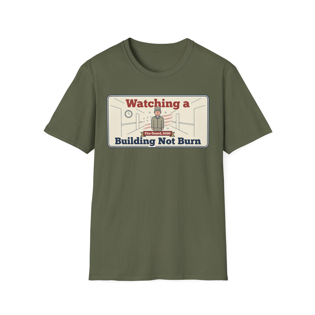 Olive green T-shirt with rectangular building not burn graphic