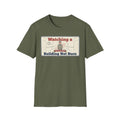 Olive green T-shirt with rectangular building not burn graphic