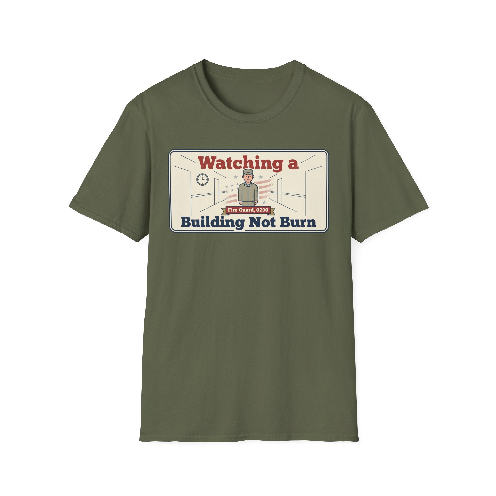 Olive green T-shirt with rectangular building not burn graphic