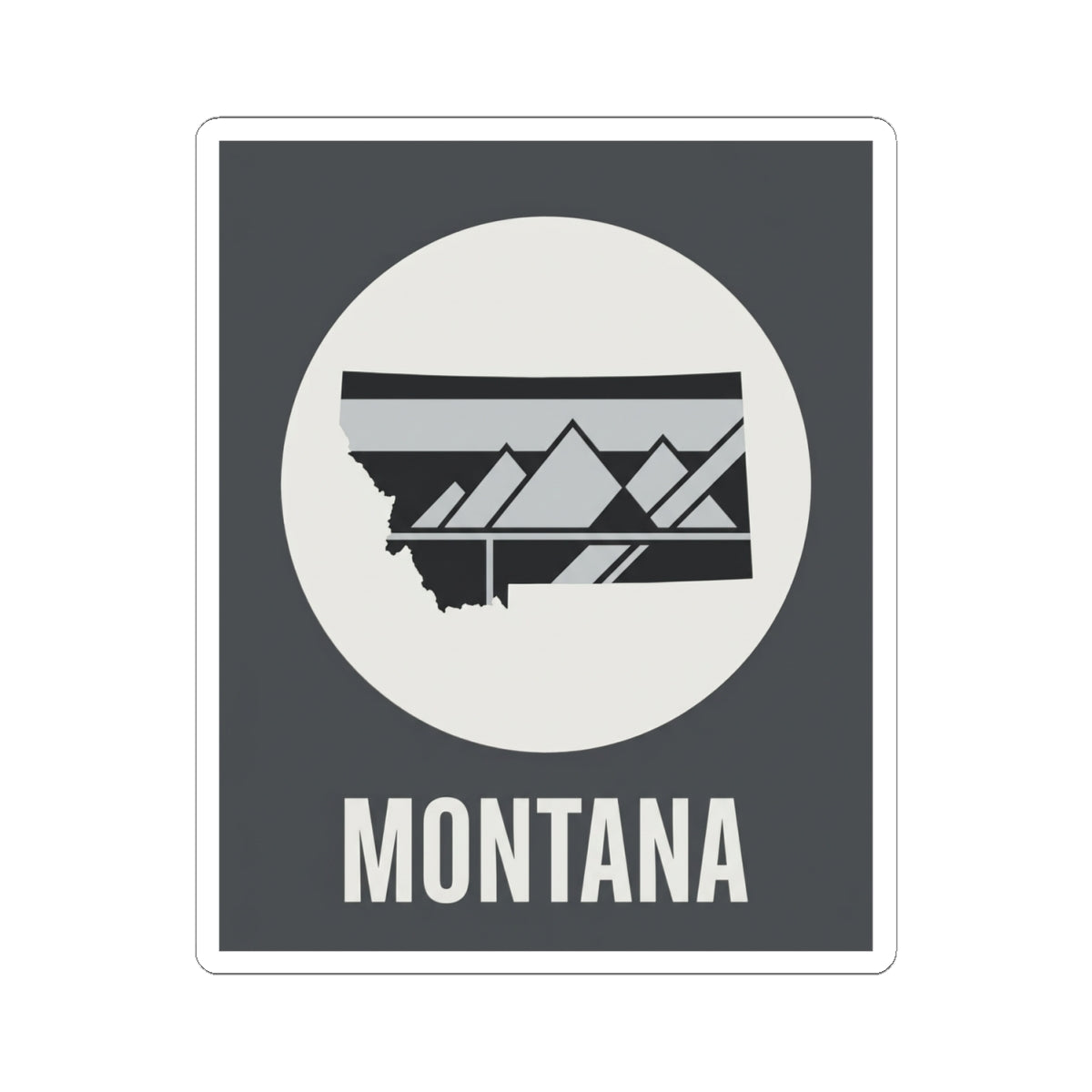 Montana mountain badge sticker showing white circular emblem with landscape graphic and MONTANA