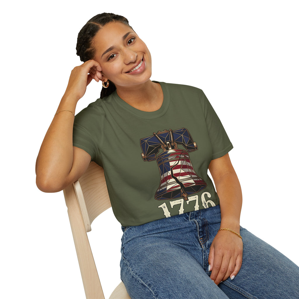 Military green Liberty Bell 1776 T-shirt on model, front bell and “1776” graphic