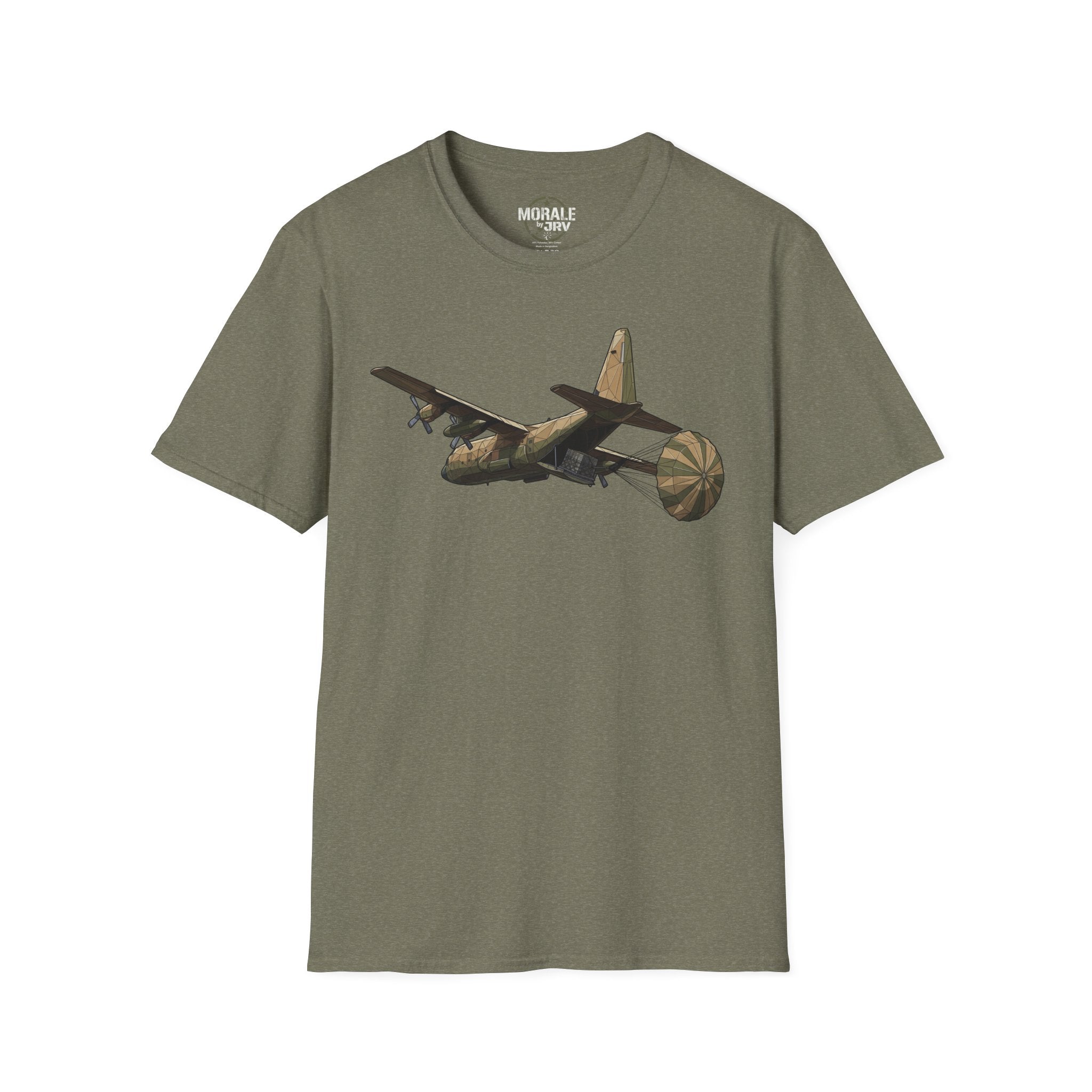Heather military green T-shirt with C-130 cargo plane graphic at center chest