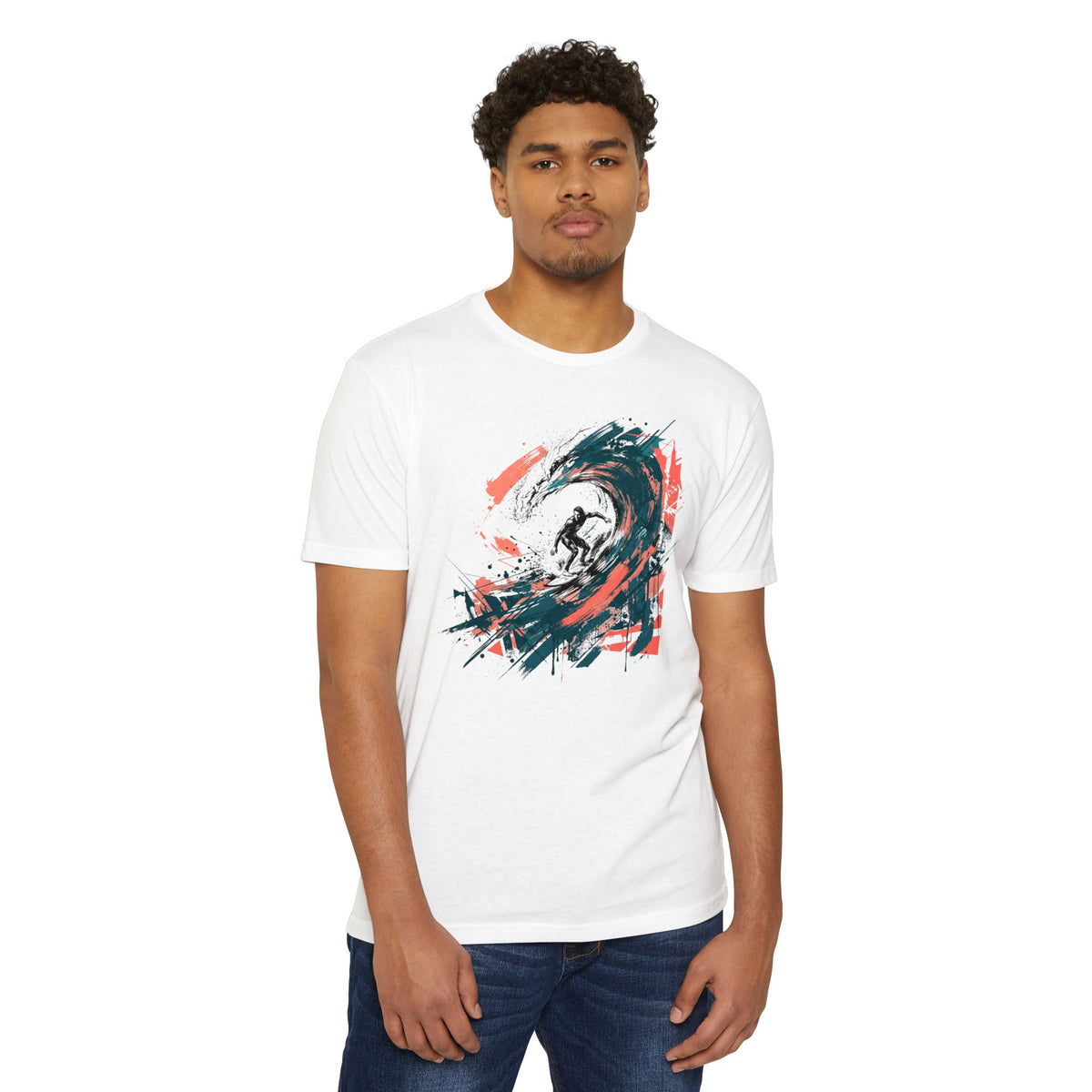White crew-neck T-shirt with colorful wave paintbrush graphic on the chest