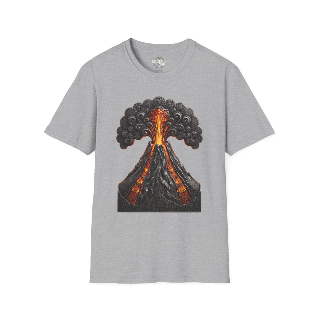 Light gray T-shirt with erupting volcano graphic, orange lava center and dark smoke