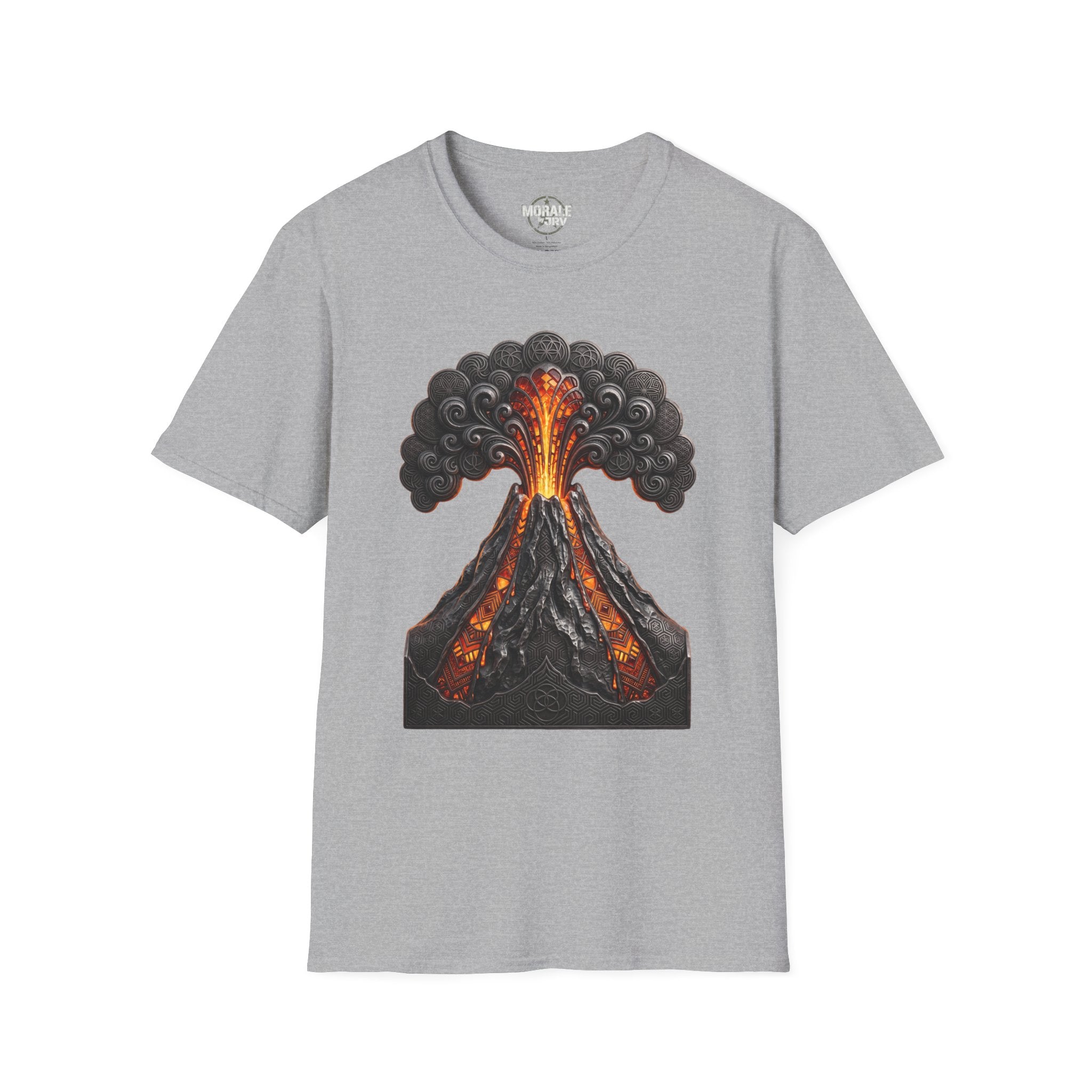 Light gray T-shirt with erupting volcano graphic, orange lava center and dark smoke