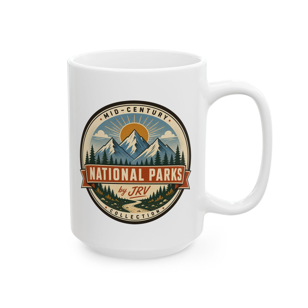 White ceramic mug with “NATIONAL PARKS by JRV” circular logo and handle