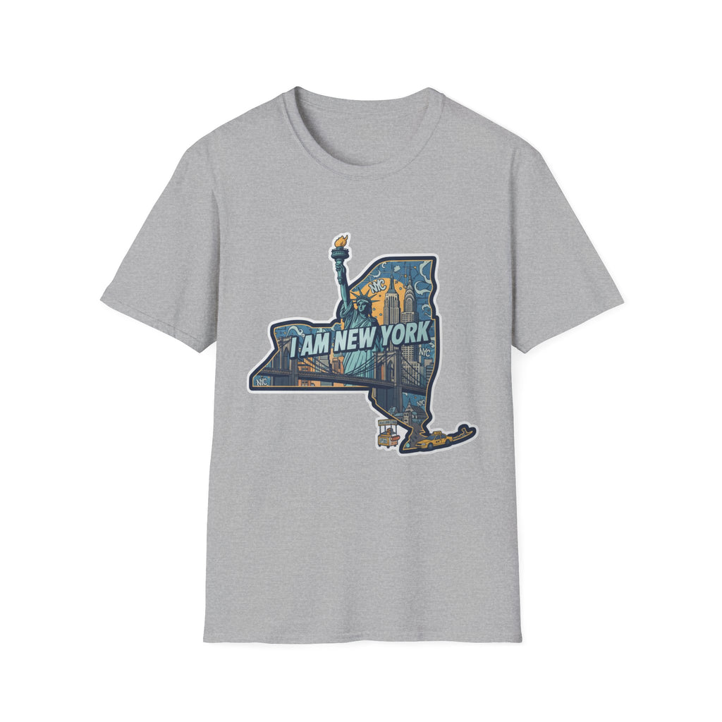 Heather grey T-shirt with NYC skyline and “I Am New York” graphic print on chest