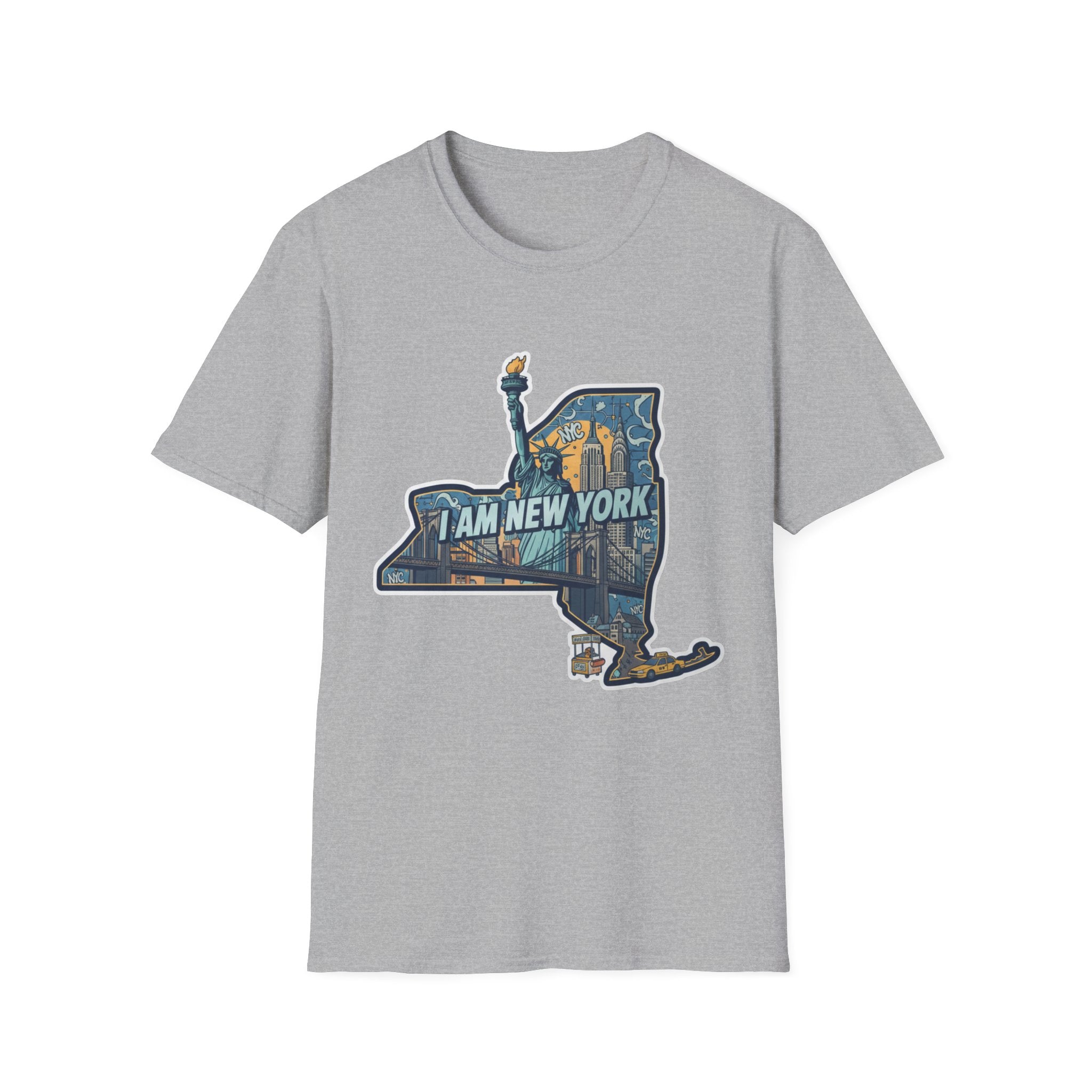 Heather grey T-shirt with NYC skyline and “I Am New York” graphic print on chest