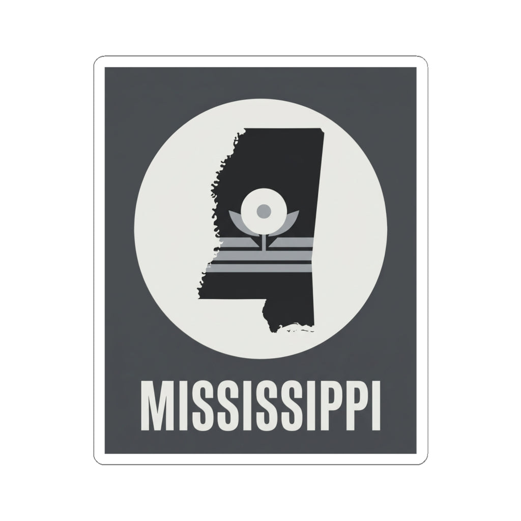 Square-edged Mississippi silhouette sticker with round emblem and “MISSISSIPPI”