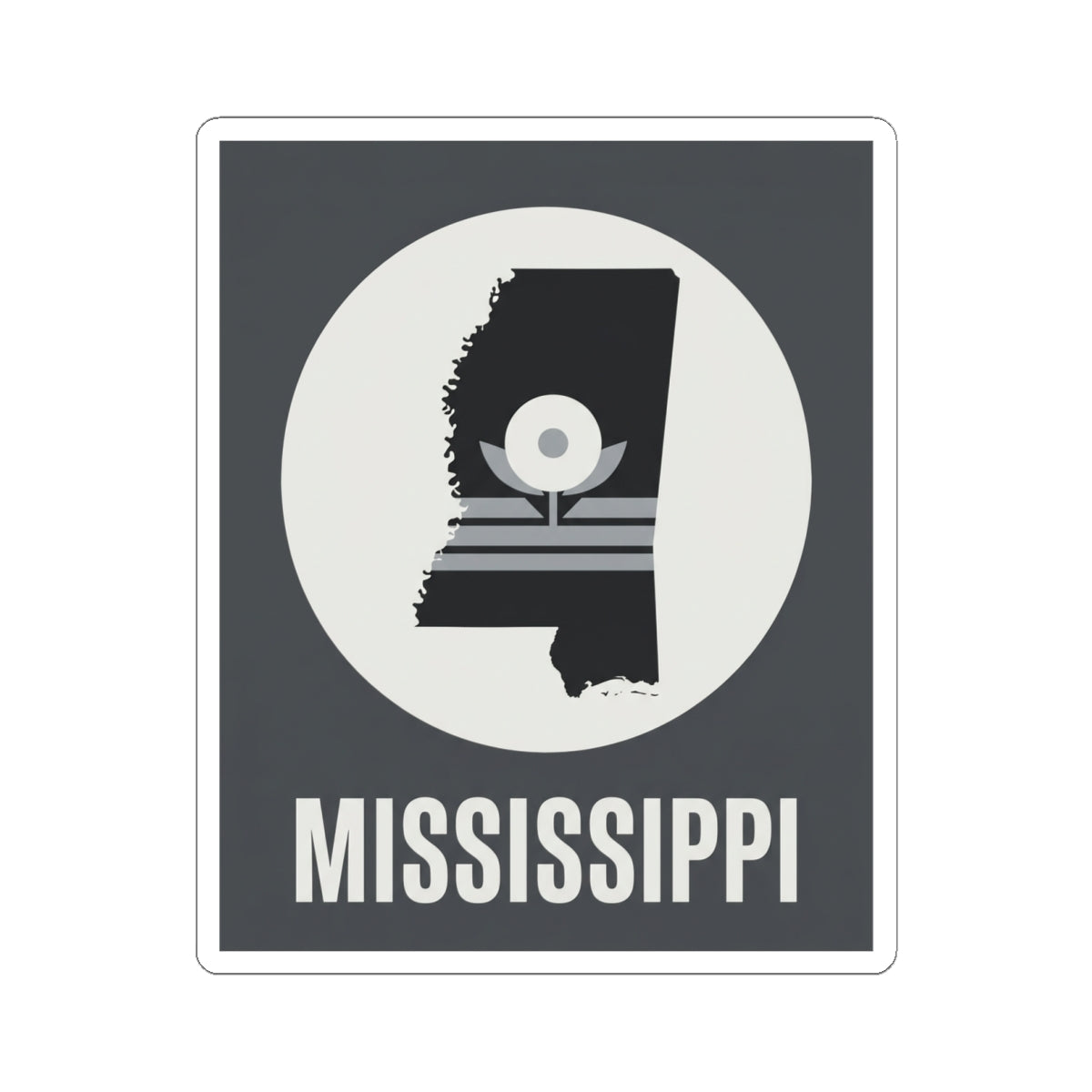 Square-edged Mississippi silhouette sticker with round emblem and “MISSISSIPPI”