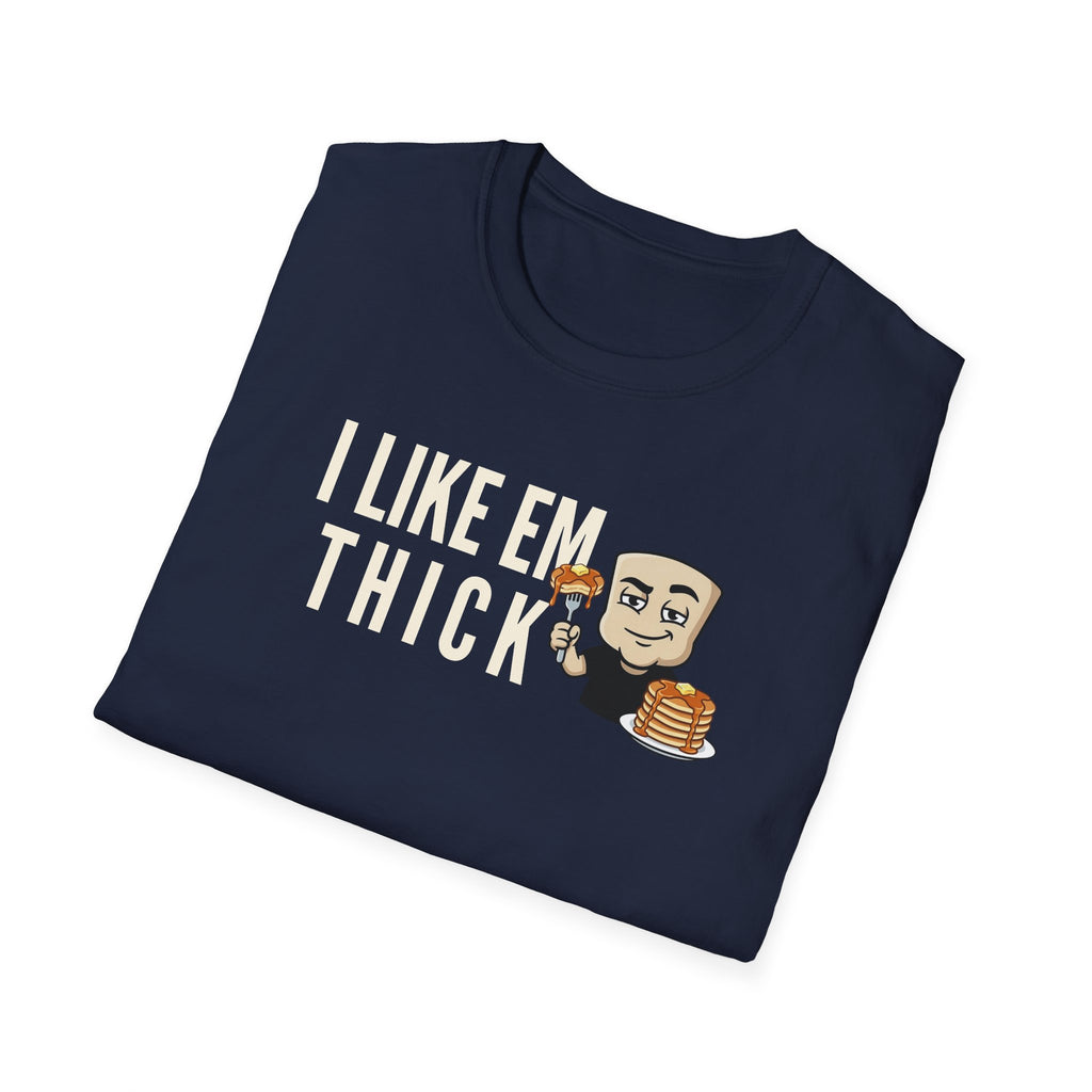 Navy T-shirt with 'I LIKE EM THICK' graphic and cartoon holding a pancake stack
