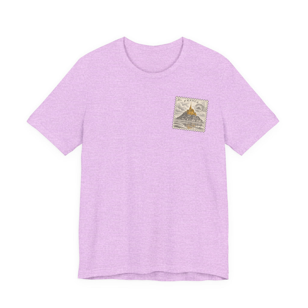 Light purple short-sleeve T-shirt with small vintage postage stamp graphic on chest