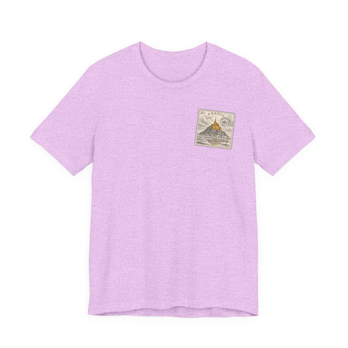 Light purple short-sleeve T-shirt with small vintage postage stamp graphic on chest