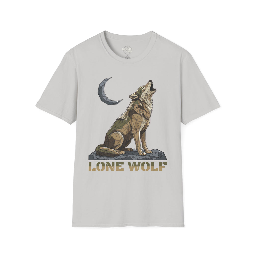 Light gray T-shirt featuring geometric lone wolf howling with moon graphic