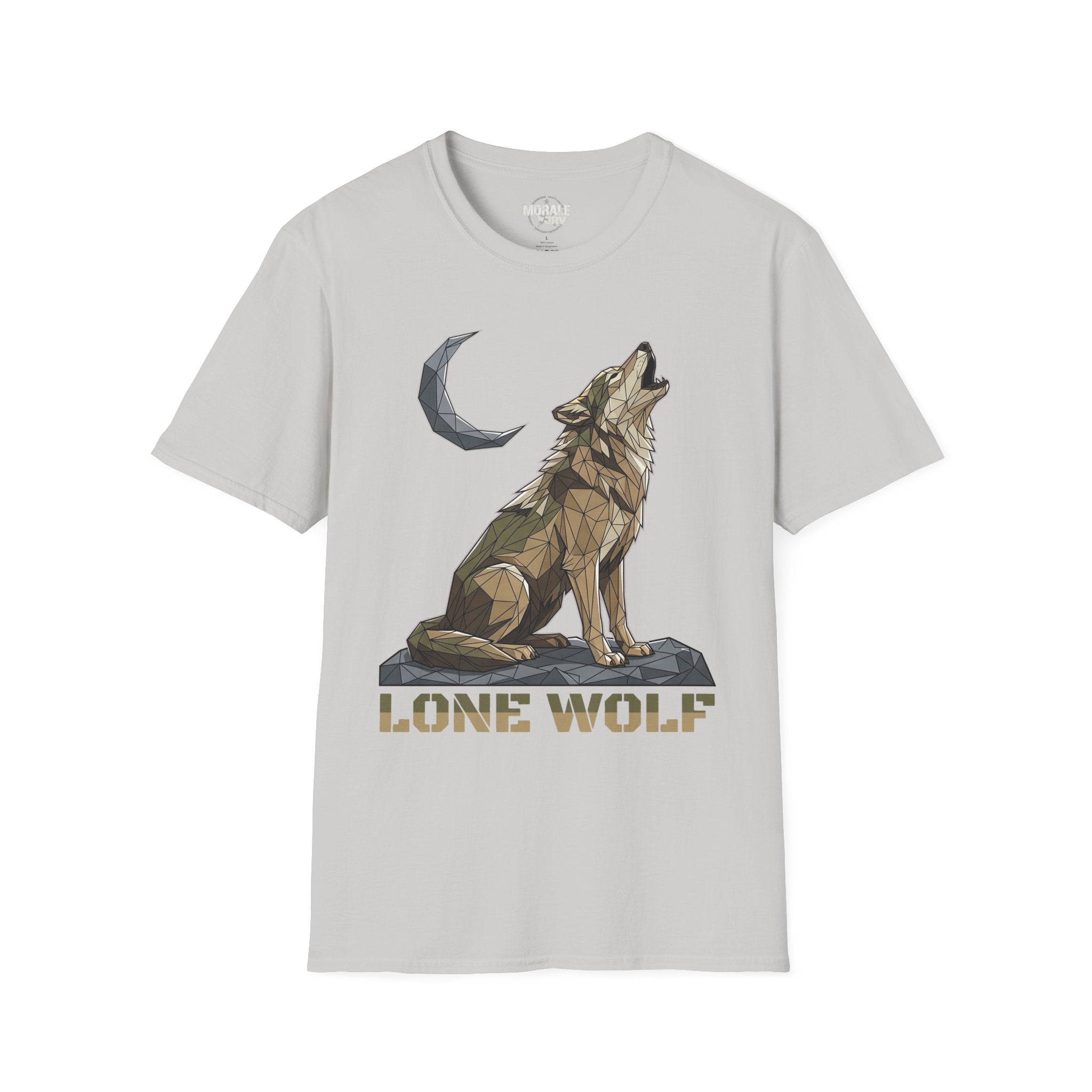 Light gray T-shirt featuring geometric lone wolf howling with moon graphic