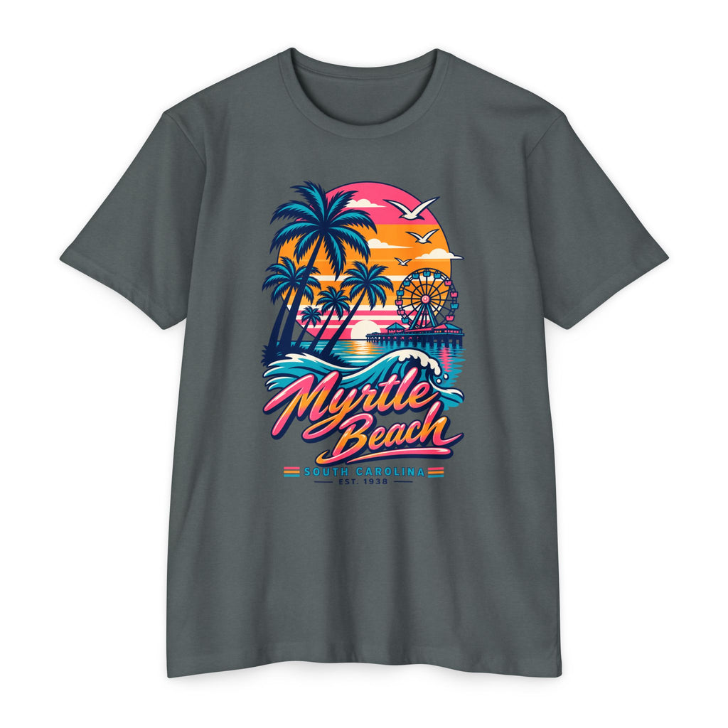 Dark gray retro sunset T-shirt with palm trees, ferris wheel, and “Myrtle Beach” graphic print