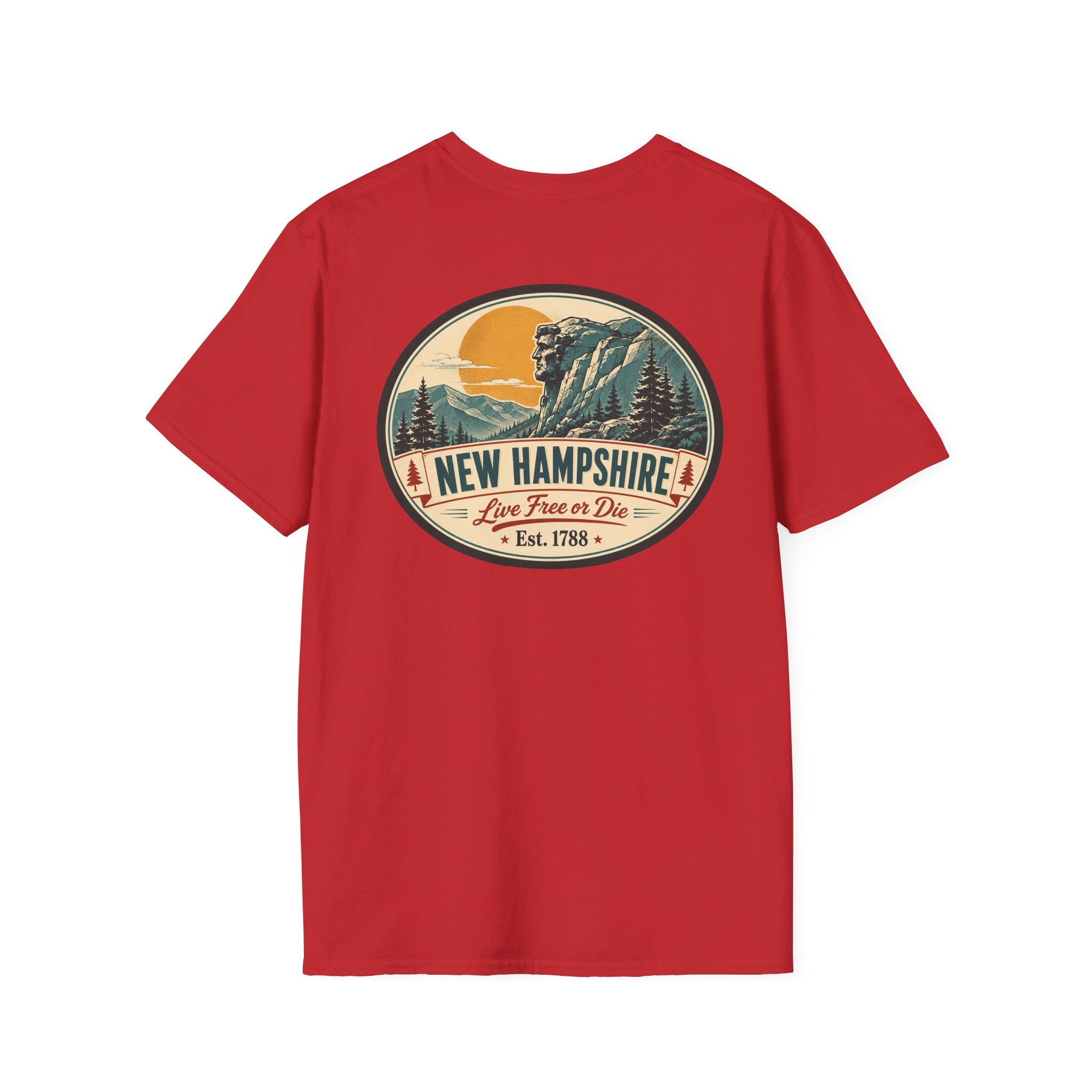 Red graphic T-shirt with circular mountains and New Hampshire logo on chest