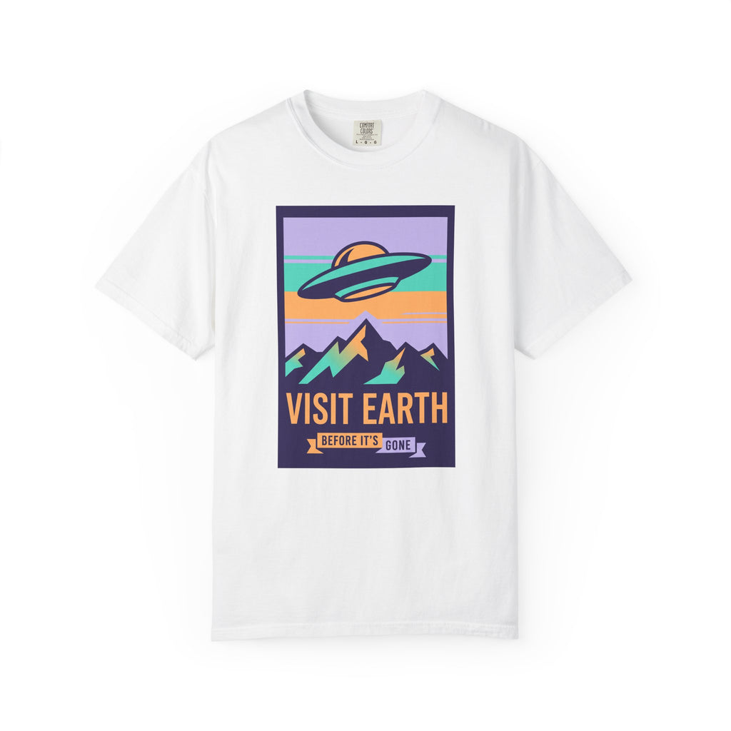 T-shirt with 'Visit Earth' UFO over mountains graphic, white