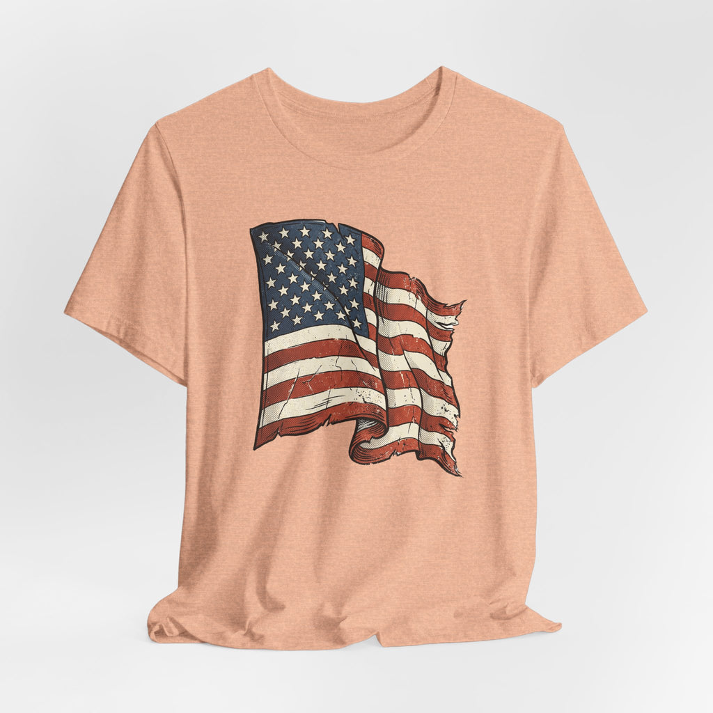 Peach crew-neck T-shirt with distressed waving American flag graphic