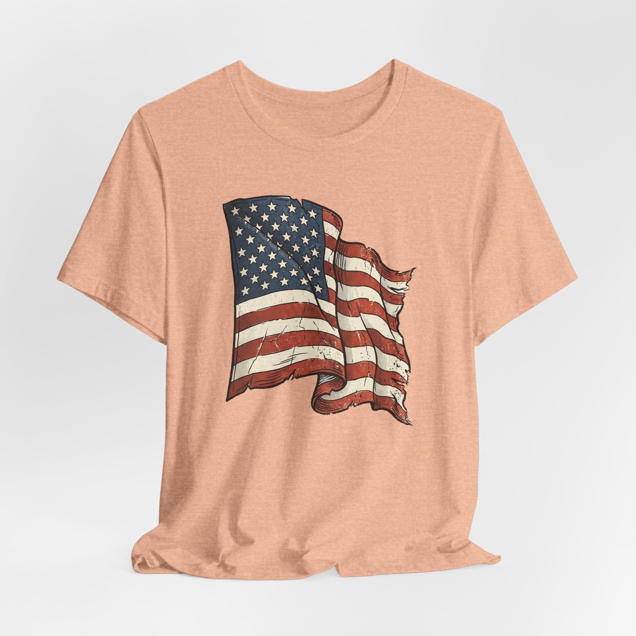 Peach crew-neck T-shirt with distressed waving American flag graphic