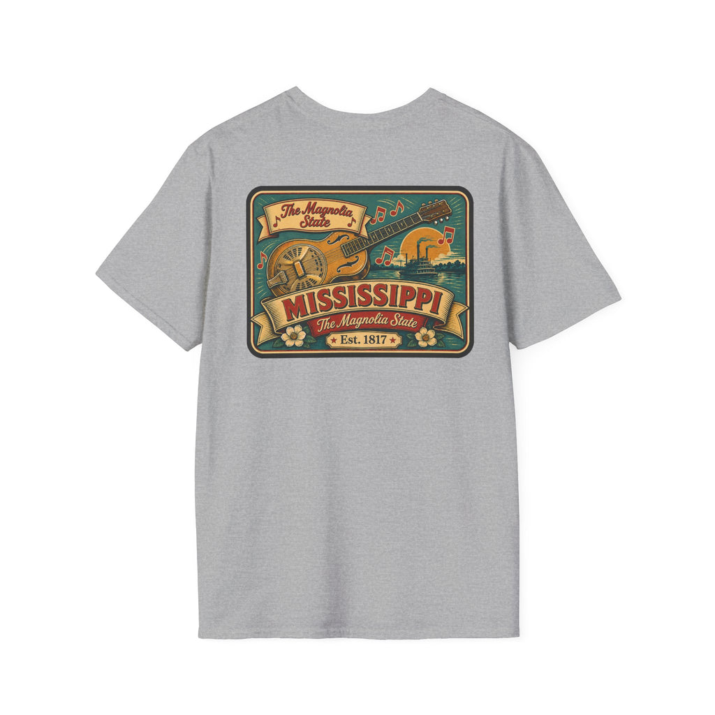Gray Mississippi Riverboat T-shirt with colorful Mississippi front graphic