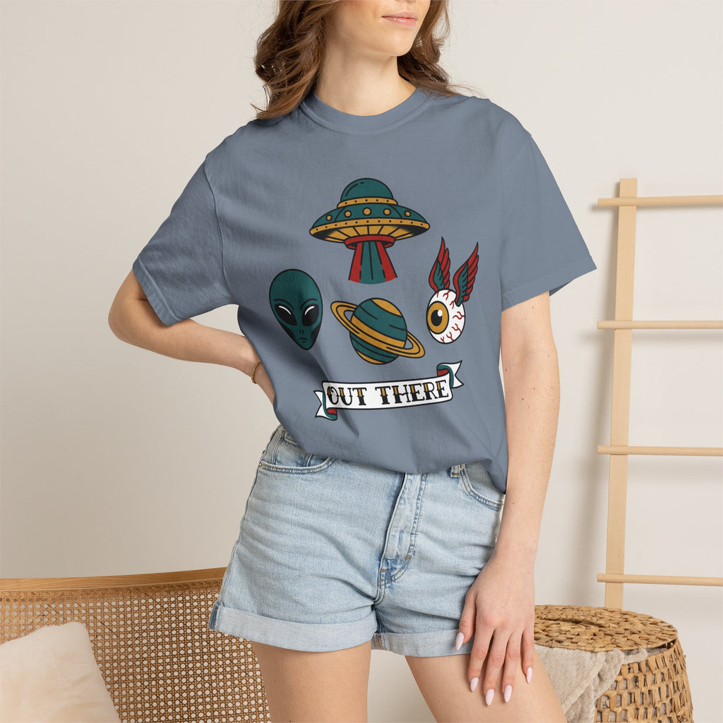 Light blue T-shirt with alien, UFO, cat graphic and 'OUT THERE' text