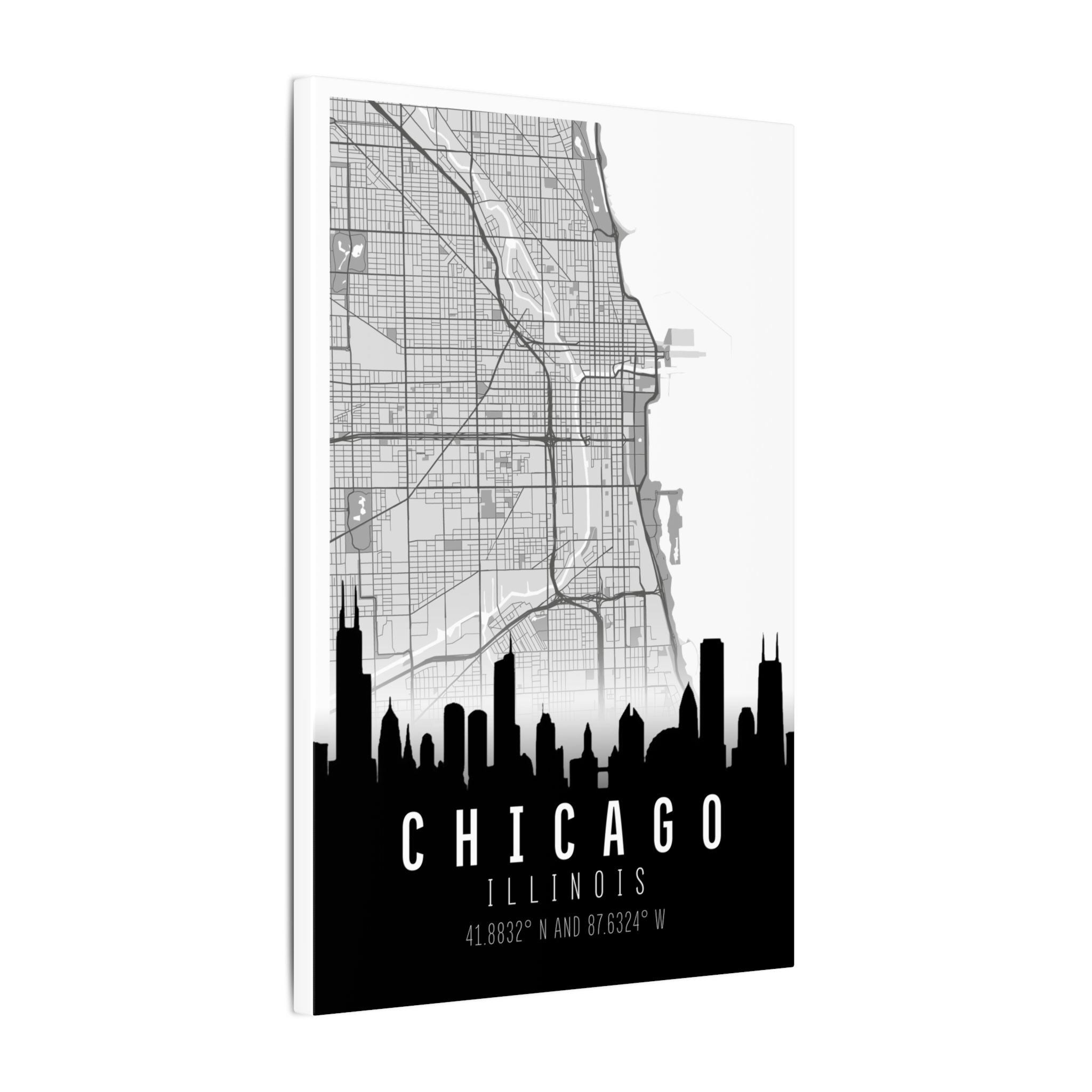 Chicago skyline map matte canvas, detailed street grid, black skyline and coordinate numbers