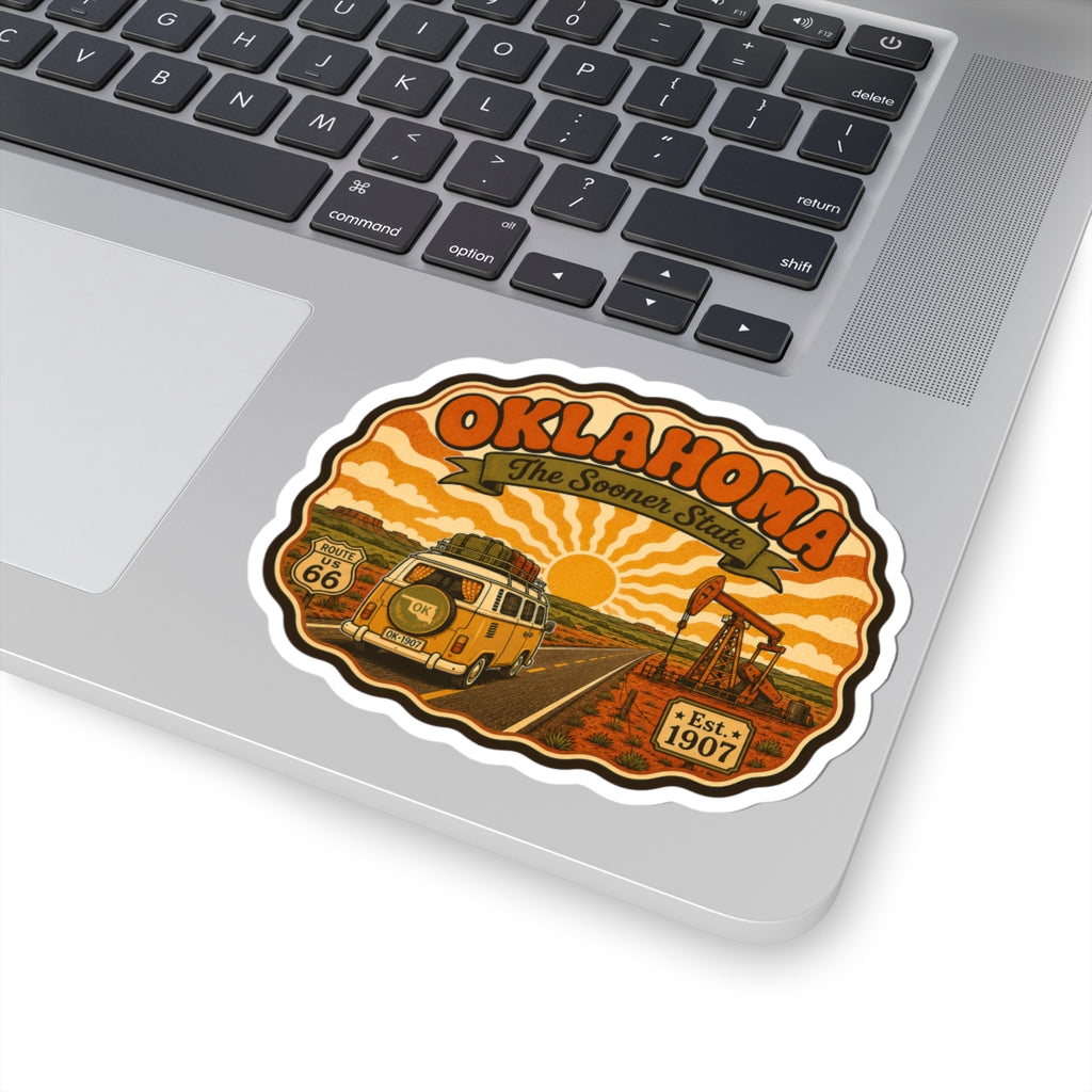 OKLAHOMA vintage Route 66 van sticker decal on laptop, white border kiss-cut shape.