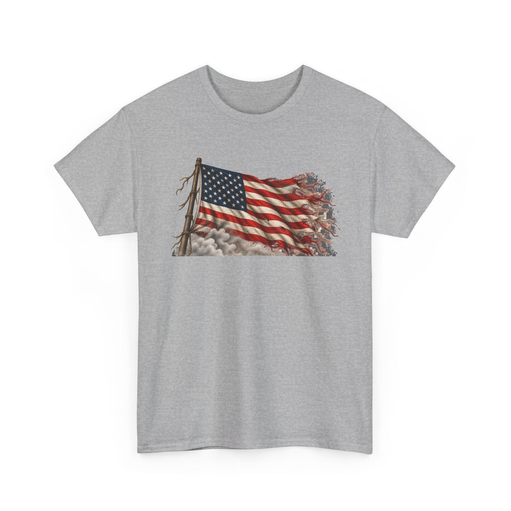 Sport grey short-sleeve crewneck T-shirt with weathered waving American flag graphic