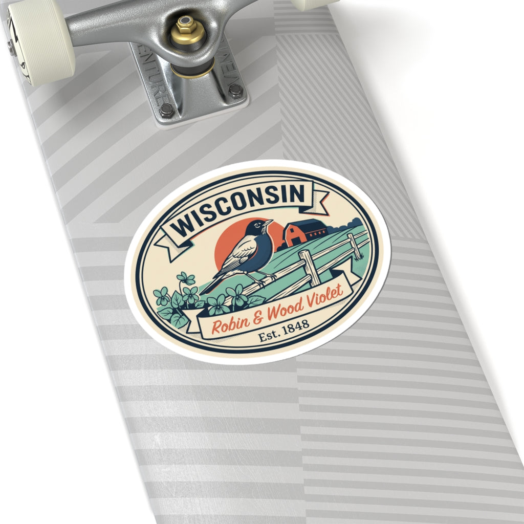 Wisconsin badge sticker on striped metal surface; robin on fence with flowers and “Est. 1848”.