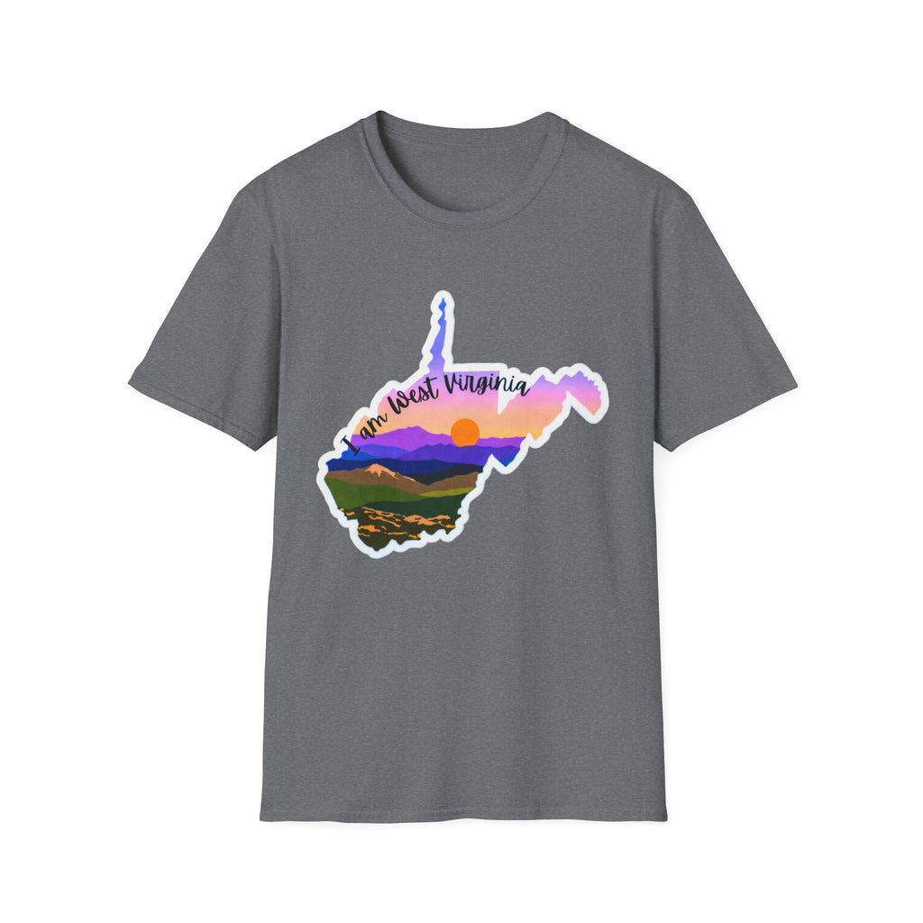 West Virginia sunset T-shirt, dark heather grey with state silhouette mountain sunset print