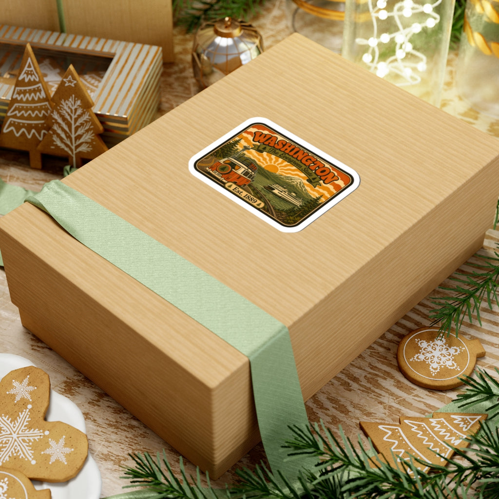 Kiss-cut Washington vintage sticker on gift box, white border with vintage road trip artwork