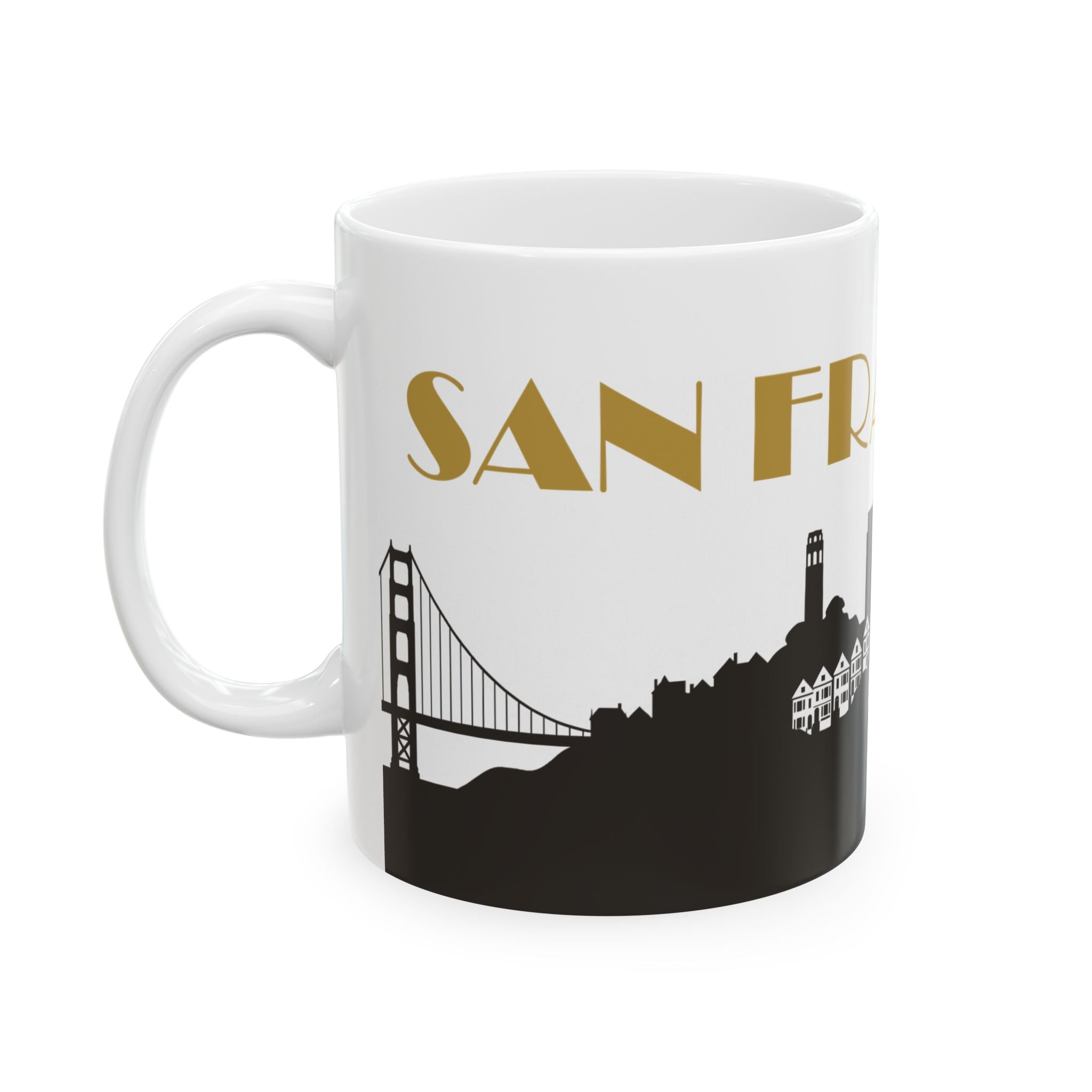 Ceramic mug with Golden Gate Bridge graphic and gold 'SAN FR' text on black base
