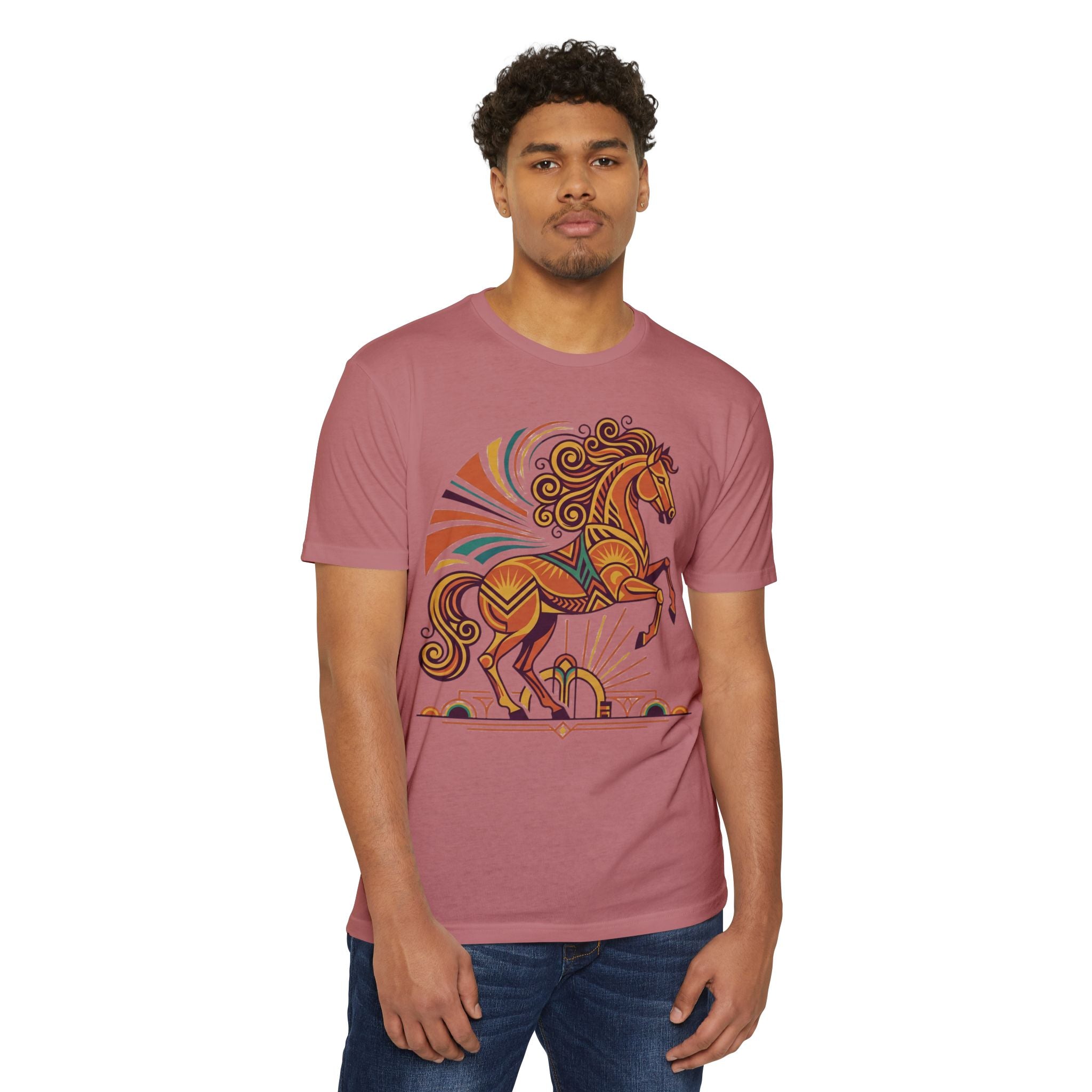 Mauve horse graphic T-shirt with colorful prancing horse illustration