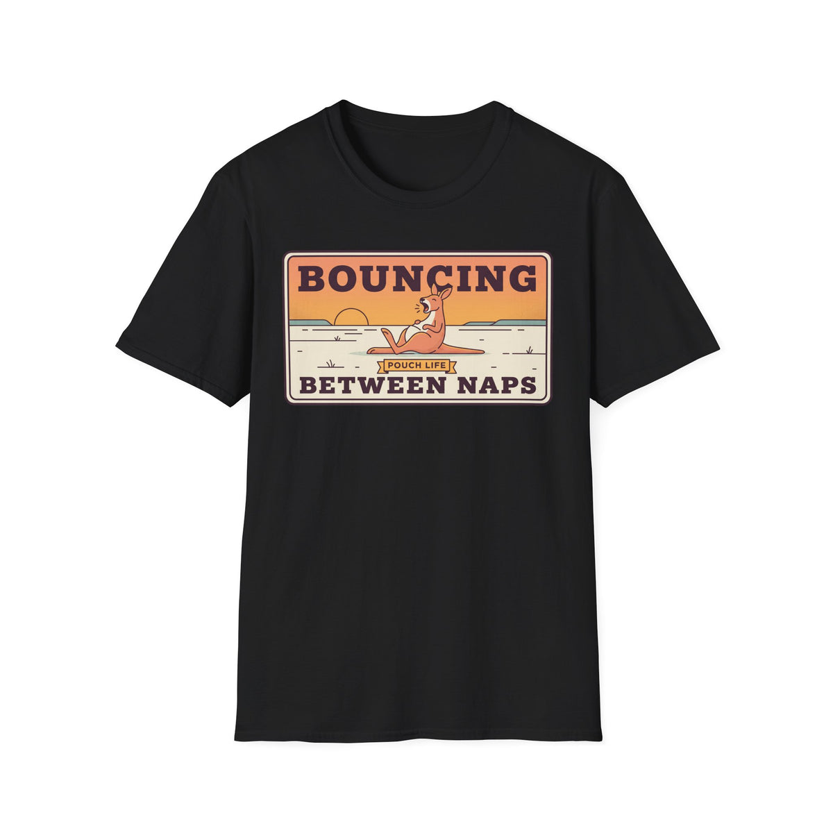 Black kangaroo graphic T-shirt with "Bouncing Between Naps" chest logo print