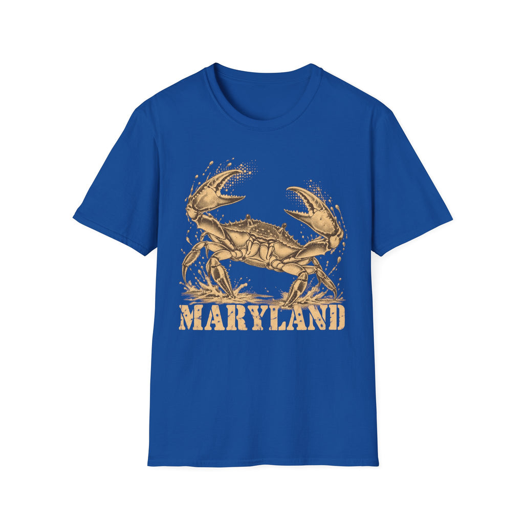 Royal blue short-sleeve T-shirt with gold crab graphic and “Maryland” text