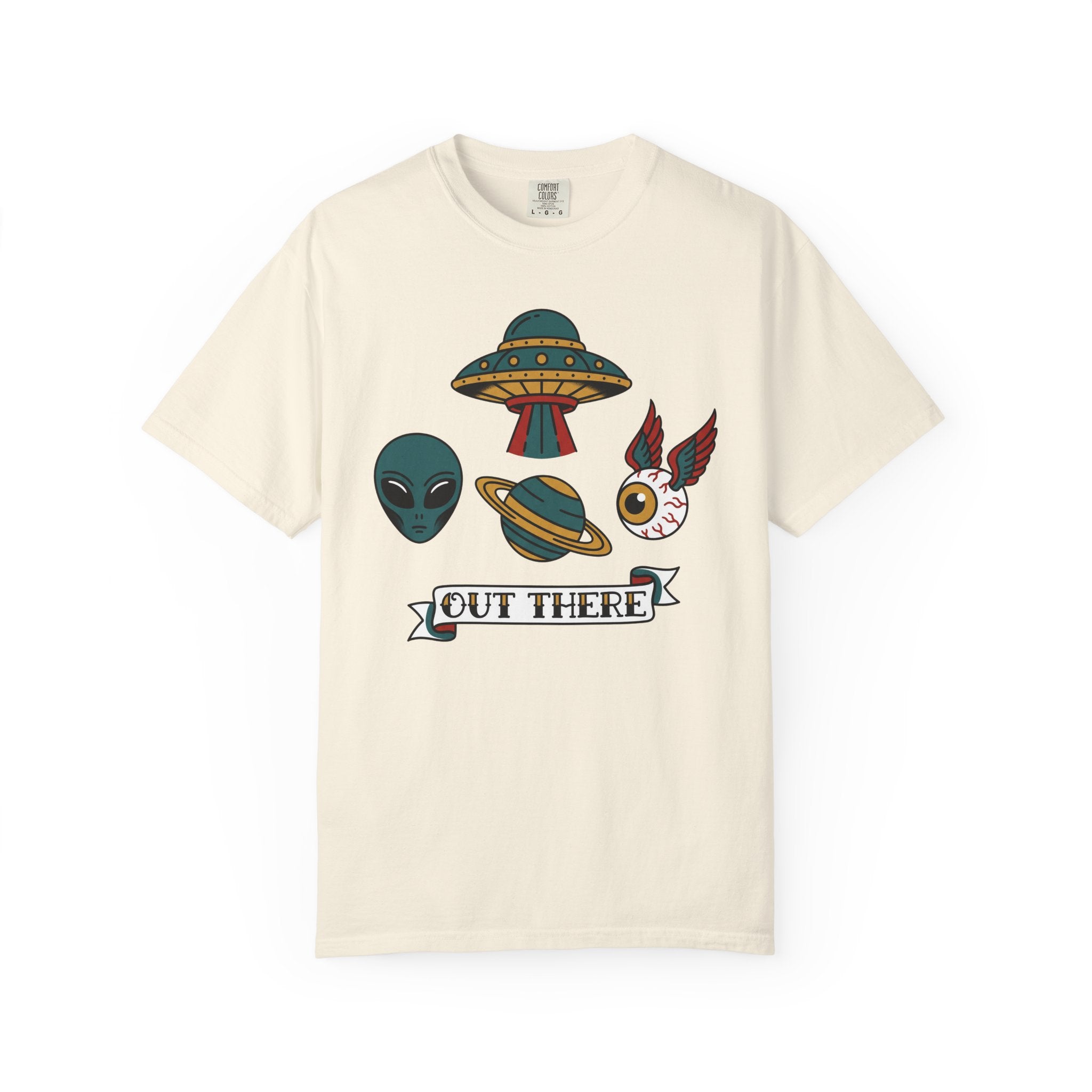 Ivory graphic T-shirt with alien, UFO, and "OUT THERE" patch-style print