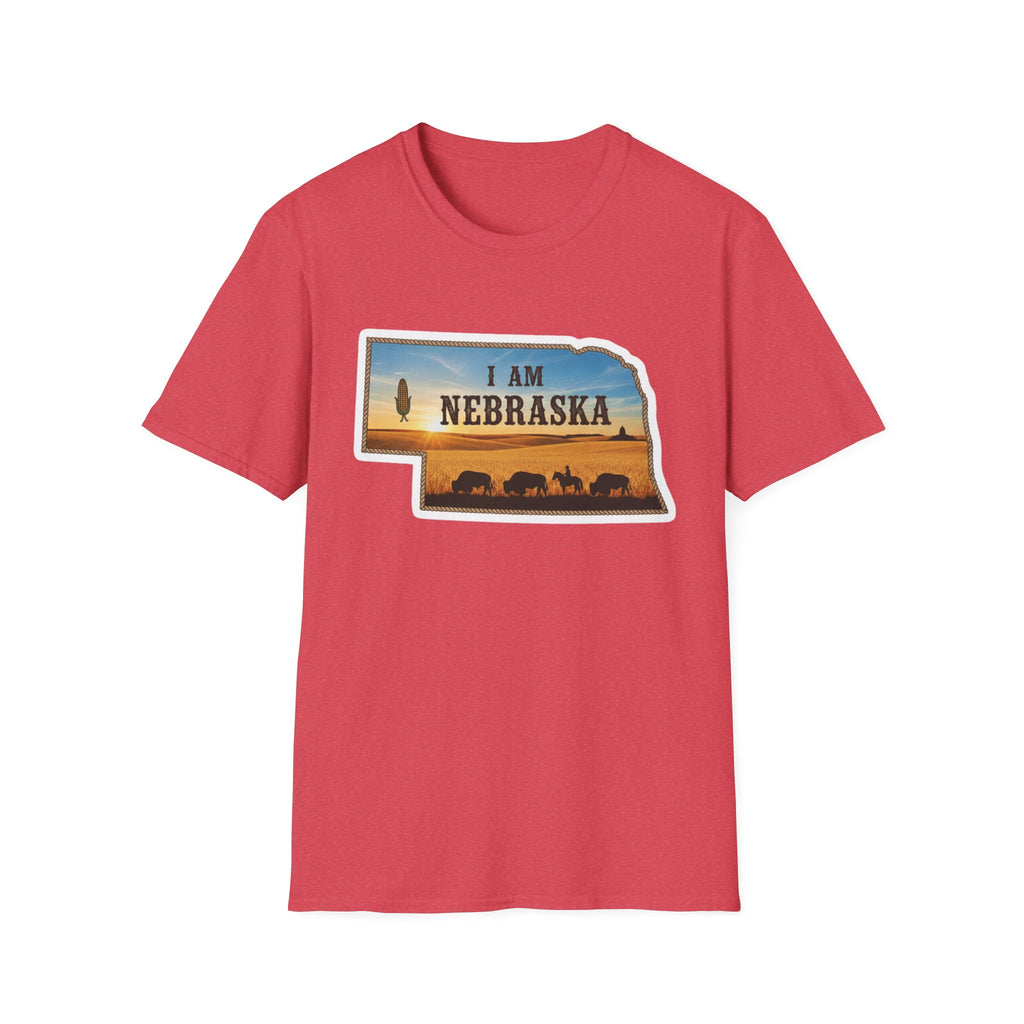 T-Shirt i am Nebraska, rot; Frontprint mit Nebraska-Text, Sonne und Kühen